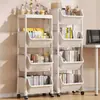 Prateleira organizadora de plástico multi-camadas personalizada para cabeceira, carrinho de prateleira, prateleira para lanches, estante móvel de chão para cozinha e banheiro