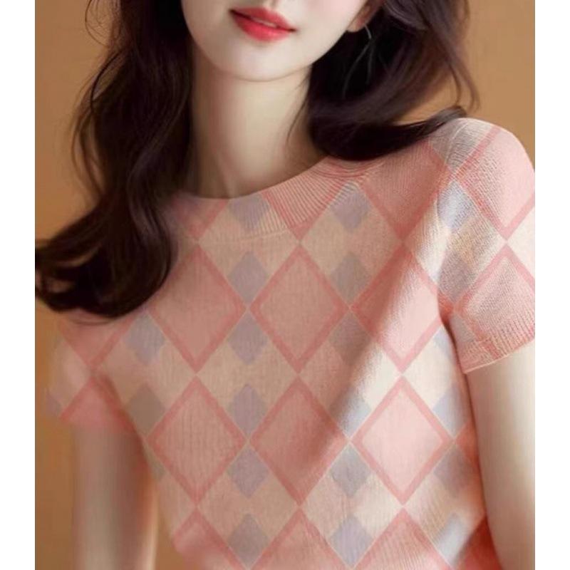 欧洲站高档新款设计感小众时尚气质夏装正肩针织冰丝短袖T恤女潮