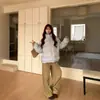Jeans Cáqui Relaxado para Mulheres, Design Reto, Calça de Trabalho Wide-Leg, Caimento Retro Americano, Casual