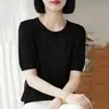Top de punto de seda de hielo con cuello redondo y recorte de pata de gato, ropa de mujer de manga corta, nueva camiseta básica de color liso con recorte para primavera-verano, top, camiseta