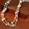 Colar Camadas de Pérolas e Pedra Olho de Gato Estilo Barroco Retrô Corrente de Clavícula Moda Design de Nicho Corrente para Suéter para Mulheres