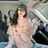 Camiseta holgada de algodón puro con encaje superfairy para mujer, estilo salado con graffiti de frutas, rejuvenecedora, imitación de dos piezas, top casual ajustado