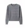 Blusa de tricô com decote redondo e detalhes vazados estilo coreano para mulheres, única e bonita, com mangas bufantes delicadas, adequada para outono e inverno como camada base.