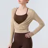Cubierta Deportiva de Cuello V Grande para Mujer Lyocell Ropa de Yoga Camiseta de Manga Larga Ceñidor de Cintura Adelgazante Corto Pilates Fitness Top
