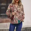 Roupa Feminina Cruzada Europeia e Americana à Vista Amazon Outono Nova Camisa Franzida com Estampa Paisley e Manga Lanterna