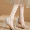 Salto Alto 2025 Novo Bico Fino Lantejoula Laço Vazado Sapatos Sapatos de Casamento Sapatos de Noiva Sapatos de Bico Fino