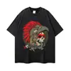 Camiseta Vintage Americana Desgastada com Estampa Floral de Gola Redonda, Manga Curta, Corte Solto, Estampa de Marca Tendência