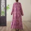 Foto Real de Vestido Largo de Manga Larga Estampado Redondo Holgado Talla Grande de Algodón y Lino para Mujer de Talla Grande, Adecuado para Vacaciones
