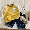 Camiseta de Algodão Puro Infantil Manga Longa Raglan Roupas Infantis Estilo Primavera/Outono 2025 Estilo Coreano Blusas Infantis Estampadas