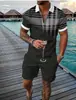 Conjunto de Polo con Cremallera de Moda Europea, Americana y Asiática Transfronterizo para Hombre, Polo Casual Estampado en 3D, Pantalones Cortos Casuales