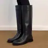Versión de Piel de Oveja ~ Estilo Minimalista Retro Botas Rectas de Tacón Grueso, Tacones de Aguja para Mujer, Circunferencia de Pantorrilla Grande, Adelgazante, Botas de Montar Versátiles Hasta la Rodilla