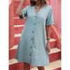 Vestido feminino europeu e americano 2025, Amazon, algodão lavado, manga curta, comprimento médio, abotoamento simples, decote em V, cor solta, saia evasê