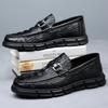 Sapatos Mocassins Masculinos de Couro de Vaca de Primeira Camada Sapatos Feijão Respiráveis Antiderrapantes Slip-on Padrão Crocodilo Sapatos Casuais de Couro