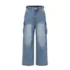 Jeans de trabajo lavados estilo retro americano plisados JIAMU para hombres y mujeres, jeans holgados para ir al trabajo, corte recto