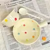 Tazón para comer de dormitorio casero, tazón para fideos instantáneos, tazón para ensaladas, tazón con mango de puntos de colores arcoíris crema, tazón de cerámica, vajilla de color bajo vidriado