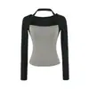 Estilo puramente seductor, falso dos piezas, color contrastante, cuello halter, manga larga, camiseta ajustada, nuevo estilo de otoño, escote cuadrado de chica atrevida, top corto básico para mujer