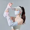 Protección Solar de Verano Sombrero de Sol Set de Máscara de Manga de Hielo para Mujer Montar al Aire Libre Sombrero de Sol Seda de Hielo Degradado Cuerno Manga de Hielo