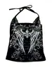 Top de tirantes sin espalda sexy Y2K retro de subcultura, con estampado de ángel, falso dos piezas, patchwork de encaje, picante para chica de verano