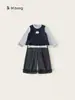 Conjunto de Tres Piezas para Niñas Bangxuan Ropa Infantil Primavera y Otoño Adorno de Volantes Manga Larga Chaleco de Encaje Pantalones a Cuadros Conjunto Infantil Estilo Academia