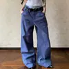 Pantalones de leñador azules de estilo americano con múltiples bolsillos para hombres y mujeres, corte limpio, holgados, de pierna recta, versátiles, con efecto apilado