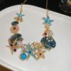 Aretes Collar con Estrella de Mar de Diamante Tachonada con Aguja de Plata Perla Cadena Clavícula Vintage Conjunto de Joyería Estilo Palacio Retro