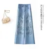 Calça Jeans Wide Leg Bordada Floral Azul para Mulheres, Lançamento Verão 2026 Cintura Alta Plus Size Solta Comprimento Total