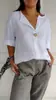 Amazon 2026 Transfronterizo Europeo y Americano Verano Nuevo Camiseta Holgada para Mujer Cuello en V Algodón y Lino Botones Arriba