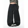 Pantalones retro americanos de otoño desgastados con detalles de botones naturales, pliegues en la espalda, dobladillo de ojo de gato, diseño versátil de pierna recta y pierna ancha, unisex, moderno