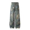 Calça Jeans Wide-leg Solta com Estampa Floral Completa para Homens e Mulheres vibe Marca Tendência Europeia e Americana Calça Dad Comprida