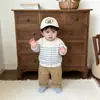 Conjunto de cárdigan a rayas azules y blancas para bebé de primavera y otoño, conjunto de dos piezas de punto y overol para niños y niñas, ropa para salir de bebé