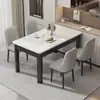 Conjunto de mesa de jantar e cadeiras em ardósia estilo nórdico, design simples, formato retangular, estrutura de ferro com acabamento em madeira sintética, adequado para uso doméstico, ideal para apartamentos pequenos