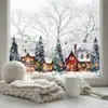 BRUP Pueblo Navideño de Cuento de Hadas Pegatina para Ventana Escena Invernal Acuarela Casas Pinos Copos de Nieve Atmósfera Invernal Pegatina Decorativa para Ventana