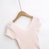 Z Elegante Ajuste Delgado Cuello en V Profundo Aspecto Adelgazante Mangas Volantes Manga Corta Delgada Tejido de Punto Camiseta Mujer Caqui Talla Única Rosa