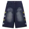 Jeans Bordados de Flor Estrella Americana Unisex Verano Calle Alta Lavados Acortados Pierna Ancha Marca de Moda Sueltos