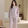 Conjunto de pijama de manga larga y pierna larga, nueva colección de otoño, unisex, estilo para parejas, diseño de frente abierto, casual, ropa de estar de algodón, conjunto de dos piezas