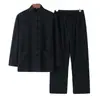 Traje Tang de Algodão e Linho Estilo Chinês Traje de Manga Longa Masculino Estilo Chinês Retrô Solto Dinastia Han Top Tai Chi Traje Zen Traje de Leigo