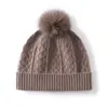 Gorro de cachemira de punto trenzado de color liso, unisex, cálido y grueso, con pompón y diseño que cubre las orejas