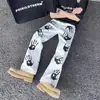 Vibe da High Street Americana Estampa de Palmeira Jeans Branco Masculino Marca Tendência Bonito Hiphop Reto Emagrecedor Calças Flare