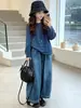 Conjunto Casual de Moda Duas Peças para Crianças Maiores no Outono: Blusa Listrada de Manga Longa Nova e Jeans de Cintura Alta para Meninas