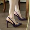 Sandálias femininas de cetim roxo com tiras finas e bico fino, salto alto stiletto, 2025