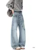 Jeans de patchwork desconstruidos con botones para hombre, ropa de trabajo estilo americano, pantalones anchos vintage de moda con bragueta diagonal