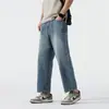 Calça jeans masculina de verão, corte solto, lavada, resistente ao desgaste, perna reta, cropped, nova calça casual masculina estilo americano