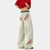 Calça Jeans Retro Diagonal com Três Listras Estilo Americano High Street Calça de Caimento Reto Comprimento Total Calça Cargo com Aplicação Lateral Tendência