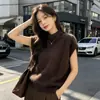 Suéter de punto de lana cepillada estilo simple para otoño e invierno, chaleco holgado de manga corta de cuello alto para mujer, top sin mangas