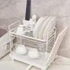 Escurridor de platos estilo japonés para guardar tazones, platos, palillos y cubiertos, nuevo estante de almacenamiento de cocina con cesta de doble capa