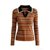Suéter de Punto Sin Mangas Color Block Rayado con Cuello Polo Estilo Coreano para Mujer, Primavera, Otoño, Invierno, Corte Ajustado, Adelgazante, Suéter Superior de Abrigo