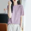 Nova Camiseta Pulôver Feminina de Linho com Pérolas, Gola Redonda, Tricô de Manga Curta, Cor Sólida, Recorte Vazado e Strass - Coleção Primavera/Verão 2026