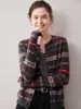 Novo cardigã de malha Fair Isle 100% cashmere puro para mulheres, com gola redonda e um design listrado retrô vermelho e cinza