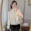 Estilo outono, patchwork de renda delicada, cardigã de botões com bolsos, chique francês, peça externa curta para mulheres petite, moda transfronteiriça