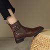 Primavera 2024 Nuevas Botas de Mujer Tacón Grueso Tacón Medio Comercio Exterior talla grande 40-41 Retro Hebilla de Cinturón Botines Individuales de Primavera y Otoño
